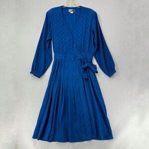 VTG Blouson Pleated‎ Satin Midi Dress Blue Wrap Tie Waist Modest SZ 14